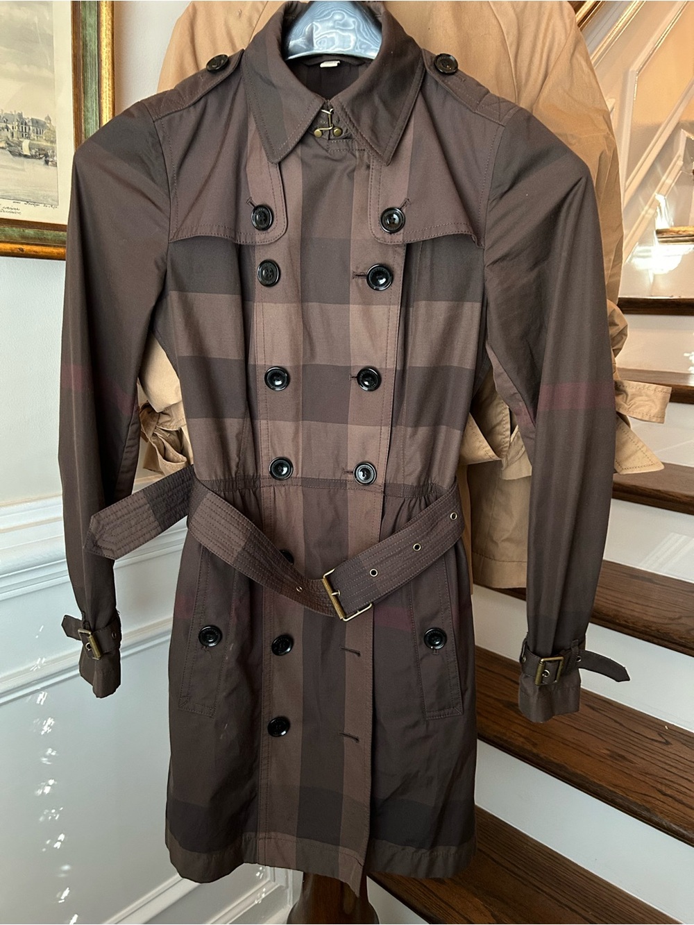 Burberry Brit Plaid Double-Breasted Brown Trench Coat